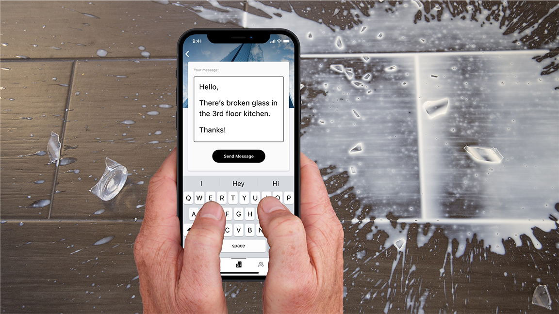 1:15 PM Contact building management about broken glass 💬